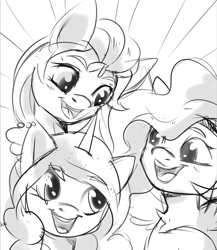 Size: 758x873 | Tagged: safe, artist:pozya1007, izzy moonbow, pipp petals, sunny starscout, earth pony, pegasus, pony, unicorn, g5, female, grayscale, looking at each other, mare, monochrome, open mouth, sketch