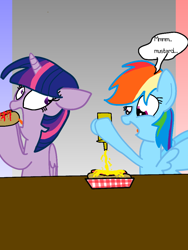 Size: 768x1024 | Tagged: safe, artist:crossovercartoons, rainbow dash, twilight sparkle, alicorn, pegasus, pony, g4, bottle, cute, dialogue, digital art, drawing, food, gradient background, hot dog, implied eating, ketchup, looking down, looking right, meat, mustard, open mouth, ponies eating meat, pouring, sauce, sausage, table, that pony sure does love mustard, tongue out, twilight sparkle (alicorn)