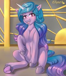 Size: 2600x3000 | Tagged: safe, artist:ellynet, izzy moonbow, pony, unicorn, g5, belly button, colored hooves, female, frog (hoof), high res, looking at you, mare, muscles, pecs, raised hoof, sitting, solo, underhoof, unshorn fetlocks