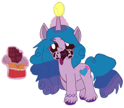 Size: 790x688 | Tagged: artist needed, source needed, safe, izzy moonbow, pony, unicorn, g5, ball, chocolate, cutie mark, food, horn, horn guard, hornball, izzy's tennis ball, magic glow, solo, tennis ball, tongue out