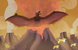 Size: 3282x2124 | Tagged: safe, artist:lordshrekzilla20, kaiju, fanfic:the one true king, airship, fanfic art, godzilla (series), godzilla: king of the monsters 2019, high res, lava, possessed, rodan, sombra eyes, story included, volcano