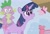 Size: 1778x1221 | Tagged: safe, artist:alumx, spike, twilight sparkle, butterfly, dragon, pony, unicorn, fall weather friends, g4, dragons riding ponies, female, mare, riding, scene interpretation, spike riding twilight, unicorn twilight