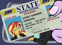Size: 2473x1822 | Tagged: safe, artist:thehuskylord, sci-twi, sunset shimmer, twilight sparkle, pony, equestria girls, g4, car, driver's license, faic, fake, foster's home for imaginary friends, homeless, homesick shimmer, implied human on pony action, implied interspecies, male, no pupils, reference, text