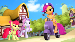 Size: 3840x2160 | Tagged: safe, artist:owlpirate, apple bloom, scootaloo, sweetie belle, earth pony, pegasus, pony, unicorn, g4, 3d, bandaid, bandaid on nose, cutie mark, cutie mark crusaders, female, filly, helmet, high res, moped, ponyville, scooter, the cmc's cutie marks, trio, vespa