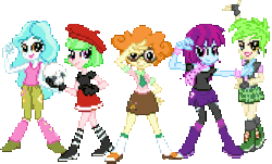 Size: 334x202 | Tagged: safe, artist:botchan-mlp, cherry crash, mystery mint, paisley, scribble dee, watermelody, a queen of clubs, equestria girls, g4, my little pony equestria girls: better together, animated, background human, blinking, club, cute, female, pixel art, pose, sailor jupiter, sailor mars, sailor mercury, sailor moon (series), sailor venus, scribblebetes, simple background, skull, sprite, transparent background, yorick