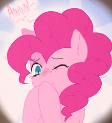 Size: 745x815 | Tagged: safe, artist:anonymous, pinkie pie, earth pony, pony, g4, awww, blushing, cropped, cute, grotesque source, hoof over mouth, laughing, one eye closed, solo