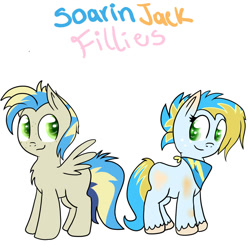 Size: 2000x2000 | Tagged: safe, artist:lejose, oc, oc only, earth pony, pegasus, pony, blank flank, duo, female, filly, freckles, handkerchief, high res, offspring, parent:applejack, parent:soarin', parents:soarinjack, simple background, white background