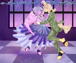 Size: 2048x1721 | Tagged: safe, alternate version, artist:beyond_inside, oc, oc only, pegasus, unicorn, anthro, unguligrade anthro, base used, clothes, colored, dancing, dress, duo, female, horn, indoors, male, open mouth, pegasus oc, signature, smiling, unicorn oc, wings