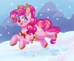 Size: 1771x1476 | Tagged: safe, artist:beyond_inside, pinkie pie, earth pony, pony, g4, animal costume, antlers, blushing, costume, female, harness, jingle bells, mare, mountain, open mouth, outdoors, red nose, reindeer antlers, reindeer costume, running, signature, smiling, snow, solo, tack, unshorn fetlocks