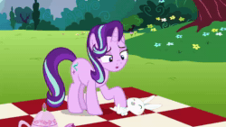 Size: 1280x720 | Tagged: safe, screencap, angel bunny, fluttershy, harry, starlight glimmer, bear, bird, duck, pegasus, pony, rabbit, squirrel, unicorn, g4, no second prances, angelbetes, animal, animated, butt, carrot, cup, cute, drinking, eating, female, food, glimmerbetes, heart, male, mare, mouth hold, petting, picnic blanket, sad, sigh, sound, talking, teacup, teapot, waving, webm