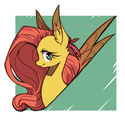 Size: 1145x1134 | Tagged: safe, artist:duckjifs246, fluttershy, pegasus, pony, g4, abstract background, bust, ear fluff, female, looking at you, mare, portrait, profile, smiling, solo, wings