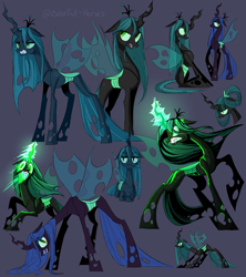 Size: 2941x3313 | Tagged: safe, artist:syrupyyy, queen chrysalis, changeling, changeling queen, g4, alternate hairstyle, angry, annoyed, blue background, concave belly, female, frown, glowing, glowing eyes, glowing horn, glowing mouth, gritted teeth, high res, horn, lidded eyes, looking at you, looking away, looking back, looking up, lying down, magic, open mouth, poses, prone, purple background, queen chrysalis is not amused, raised hoof, scowl, signature, simple background, sitting, skinny, smiling, solo, teeth, thin, unamused