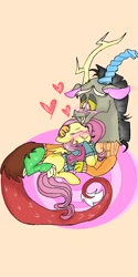 Size: 540x1080 | Tagged: safe, artist:cocolove2176, discord, fluttershy, draconequus, pegasus, pony, g4, blushing, clothes, eyelashes, eyes closed, female, heart, hug, male, mare, ship:discoshy, shipping, straight, wings