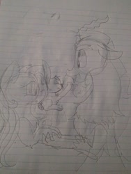 Size: 780x1040 | Tagged: safe, artist:cocolove2176, angel bunny, discord, fluttershy, draconequus, pegasus, pony, rabbit, g4, animal, bust, female, lineart, lined paper, male, mare, ship:discoshy, shipping, straight, traditional art