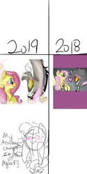 Size: 540x1080 | Tagged: safe, artist:cocolove2176, discord, fluttershy, oc, butterfly, draconequus, pegasus, pony, g4, blushing, bust, cheek squish, duo, eyelashes, female, heart, looking at each other, male, mare, redraw, ship:discoshy, shipping, simple background, smiling, squishy cheeks, straight, upside down, white background