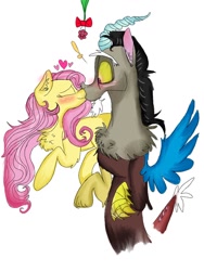 Size: 780x1040 | Tagged: safe, artist:cocolove2176, discord, fluttershy, draconequus, pegasus, pony, g4, blushing, chest fluff, ear fluff, eyes closed, female, flying, holly, holly mistaken for mistletoe, kissing, male, mare, ship:discoshy, shipping, simple background, straight, surprised, white background, wide eyes, wingless