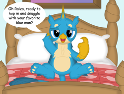 Size: 3534x2685 | Tagged: safe, artist:porygon2z, gallus, griffon, g4, beckoning, bed, high res, implied canon x oc, implied oc, implied railus, implied raiza, implied shipping, implied straight, male, paws, underpaw