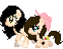 Size: 123x97 | Tagged: safe, alternate version, artist:amgiwolf, oc, oc only, oc:amgi, oc:huny, earth pony, pony, animated, base used, duo, earth pony oc, eyelashes, female, filly, gif, hat, mare, mother and child, mother and daughter, pixel art, simple background, smiling, transparent background, walking