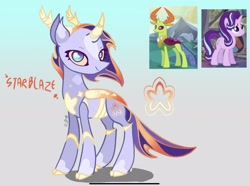 Size: 2241x1668 | Tagged: safe, artist:caramelbolt24, starlight glimmer, thorax, oc, oc:starblaze, changedling, changeling, hybrid, pony, unicorn, g4, the crystalling, to where and back again, abstract background, antlers, changedling oc, changeling oc, ear fluff, female, horn, interspecies offspring, king thorax, looking back, male, mare, offspring, parent:starlight glimmer, parent:thorax, screencap reference, signature, smiling