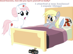 Size: 2826x2123 | Tagged: safe, artist:dash-o-salt, derpy hooves, nurse redheart, earth pony, pegasus, pony, g4, bandage, bed, dialogue, epic fail, fail, female, hammer, high res, i just don't know what went wrong, mare, newbie artist training grounds, noodle incident, oops my bad, sad, simple background, smiling, transparent background
