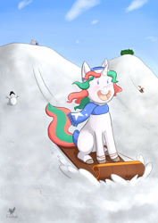 Size: 1752x2480 | Tagged: safe, artist:foxhatart, oc, oc only, oc:mint, pony, unicorn, female, mare, sled, snow, solo, winter