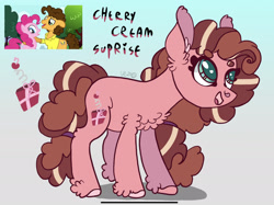Size: 2235x1668 | Tagged: safe, artist:caramelbolt24, screencap, cheese sandwich, pinkie pie, oc, earth pony, pony, pinkie pride, abstract background, clothes, ear fluff, earth pony oc, female, looking up, male, mare, offspring, open mouth, parent:cheese sandwich, parent:pinkie pie, parents:cheesepie, screencap reference, signature, smiling, smilingmare, stallion, unshorn fetlocks