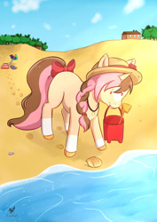 Size: 1752x2480 | Tagged: safe, artist:foxhatart, oc, oc only, oc:neopolitan, pony, unicorn, beach, bow, braid, bucket, female, hat, mare, mouth hold, seashell, solo, summer, tail bow, tree, water
