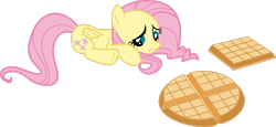 Size: 3616x1658 | Tagged: safe, artist:dash-o-salt, fluttershy, pegasus, pony, g4, belgian waffle, female, food, looking down, lying down, mare, newbie artist training grounds, sad, simple background, solo, transparent background, vector, waffle