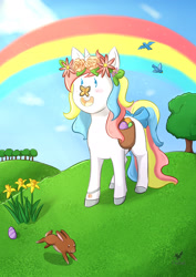 Size: 1752x2480 | Tagged: safe, artist:foxhatart, oc, oc only, oc:melody, pony, rabbit, unicorn, animal, egg, female, floral head wreath, flower, mare, rainbow, solo, tree