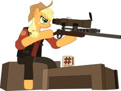 Size: 2819x2127 | Tagged: safe, artist:dash-o-salt, applejack, earth pony, semi-anthro, g4, #1 pony, anatomically incorrect, arm hooves, clothes, gun, high res, incorrect leg anatomy, mug, newbie artist training grounds, optical sight, rifle, scope, simple background, sniper, sniper (tf2), solo, team fortress 2, transparent background, weapon