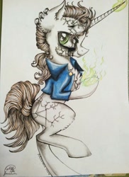 Size: 744x1024 | Tagged: safe, artist:maryhoovesfield, oc, oc only, pony, unicorn, bipedal, chest fluff, clothes, glowing hooves, horn, signature, smiling, solo, traditional art, unicorn oc