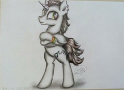 Size: 1024x744 | Tagged: safe, artist:maryhoovesfield, oc, oc only, pony, unicorn, bipedal, bracelet, clothes, crossed arms, ear fluff, horn, jewelry, signature, smiling, solo, traditional art, unicorn oc