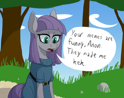 Size: 1900x1500 | Tagged: safe, artist:sufficient, maud pie, earth pony, pony, g4, background pony, clothes, cloud, deadpan, dress, implied anon, kek, maud being maud, nature, outdoors, path, rock, sitting, sky, speech bubble, text, tree