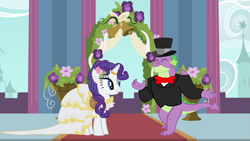 Size: 1163x654 | Tagged: safe, artist:lachlancarr1996, rarity, spike, g4, clothes, dress, female, flower, flower in hair, horn, horn ring, male, marriage, older, older spike, ring, ship:sparity, shipping, straight, tuxedo, wedding, wedding dress