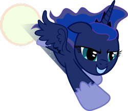 Size: 2626x2284 | Tagged: safe, artist:dash-o-salt, princess luna, alicorn, pony, g4, determined smile, dive bomb, female, full moon, grin, high res, mare, moon, newbie artist training grounds, simple background, smiling, solo, sonic rainboom, transparent background