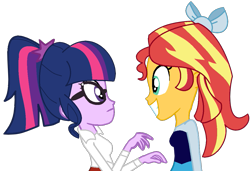 Size: 1111x758 | Tagged: safe, artist:jadeharmony, sci-twi, sunset shimmer, twilight sparkle, fanfic:sunset shimmer discovers her feet, equestria girls, g4, bowtie, crossover, cute, duo, duo female, excited, fanfic art, female, glasses, happy, lesbian, scared, shimmerbetes, ship:sci-twishimmer, ship:sunsetsparkle, shipping, the little mermaid