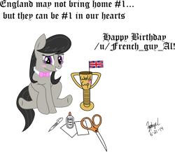 Size: 2631x2280 | Tagged: safe, artist:dash-o-salt, octavia melody, earth pony, pony, g4, bashful, blushing, england, flag, football, glue, high res, paper, pen, scissors, simple background, smiling, solo, text, transparent background, trophy, united kingdom, world cup