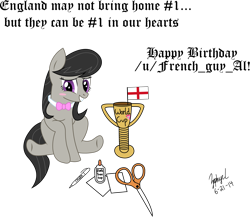 Size: 2631x2280 | Tagged: safe, alternate version, artist:dash-o-salt, octavia melody, earth pony, pony, g4, bashful, blushing, england, flag, football, glue, high res, paper, pen, scissors, simple background, smiling, solo, text, transparent background, trophy, world cup