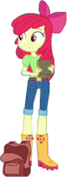 Size: 380x1000 | Tagged: safe, edit, edited screencap, screencap, apple bloom, equestria girls, fomo, g4, spoiler:eqg series (season 2), apple bloom's bow, background removed, backpack, belt, book, boots, bow, clothes, female, hair bow, jeans, pants, rain boots, shoes, solo