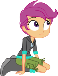 Size: 768x1000 | Tagged: safe, edit, edited screencap, screencap, scootaloo, equestria girls, g4, my little pony equestria girls: rainbow rocks, background removed, boots, clothes, female, hoodie, kneeling, looking up, not a vector, shoes, shorts, sitting, solo