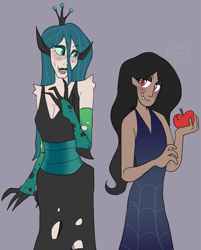 Size: 945x1174 | Tagged: safe, artist:greenarsonist, fluttershy, queen chrysalis, changeling, changeling queen, human, vampire, g4, apple, bite mark, chrysashy, clothes, corset, crown, dark skin, dress, ears, eyeshadow, female, fingerless gloves, food, gender headcanon, gloves, headcanon, holes, humanized, jewelry, lesbian, lgbt headcanon, licking, licking lips, light skin, lip bite, long hair, looking at each other, makeup, monster, natural hair color, regalia, shipping, skinny, teeth, thin, tongue out, trans female, trans fluttershy, transgender, vampire teeth