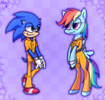 Size: 2000x1900 | Tagged: safe, artist:saltycube, rainbow dash, pegasus, pony, abstract background, bound wings, chains, clothes, commission, crossover, cuffs, duo, female, handcuffed, male, mare, prison outfit, prisoner rd, shackles, simple background, sonic the hedgehog, sonic the hedgehog (series), unamused, wings