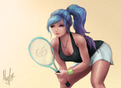 Size: 1268x923 | Tagged: safe, artist:magfen, izzy moonbow, human, g5, breasts, cleavage, clothes, female, holding, humanized, jewelry, necklace, ponytail, signature, skirt, solo, sweat, tank top, tennis racket, wristband