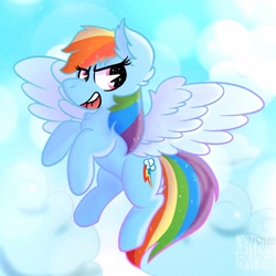 Size: 3000x3000 | Tagged: safe, artist:jayrnski, rainbow dash, pegasus, pony, g4, ear fluff, flying, high res, sky background, solo