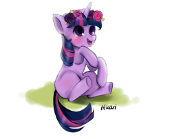 Size: 3070x2480 | Tagged: safe, artist:hikarinohibana, twilight sparkle, pony, unicorn, g4, blank flank, blushing, cute, female, filly, filly twilight sparkle, floral head wreath, flower, high res, missing cutie mark, open mouth, simple background, sitting, solo, transparent background, twiabetes, unicorn twilight, younger