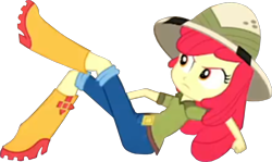 Size: 1600x955 | Tagged: safe, edit, edited screencap, screencap, apple bloom, equestria girls, g4, my little pony equestria girls: summertime shorts, the canterlot movie club, angry, background removed, belt, boots, clothes, cropped, female, hat, jeans, not a vector, pants, rain boots, safari hat, shirt, shoes, solo