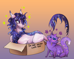 Size: 2000x1591 | Tagged: safe, artist:tri-edge, oc, oc only, cat, kirin, pony, :3, angry, behaving like a cat, box, cardboard box, collar, cute, frown, glare, gradient background, if i fits i sits, kirin oc, lying down, ocbetes, pony in a box, prone, smiling, smirk, solo, sparkles