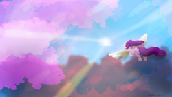 Size: 1920x1080 | Tagged: safe, artist:davierocket, pipp petals, pegasus, pony, g5, flying, flying away, lens flare, sky, solo, spread wings, wings