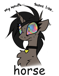 Size: 1500x1919 | Tagged: safe, artist:fenixdust, oc, oc only, oc:ivy, pony, unicorn, chest fluff, choker, colored sclera, comic sans, don't do drugs, female, floppy ears, high, mare, shoulder fluff, simple background, solo, text, tripping balls, white background, wide eyes
