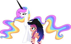 Size: 1280x803 | Tagged: safe, artist:helenosprime, sunny starscout, oc, oc:helenos, alicorn, earth pony, pony, g4, g5, alicorn oc, colored wings, covering, female, g5 to g4, generation leap, gradient wings, horn, long hair, long mane, long tail, mare, simple background, striped mane, striped tail, tail, transparent background, wing shelter, wings